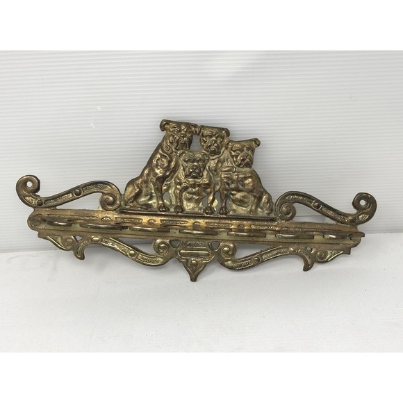 Vintage Wall Mount Bulldog Dog Pipe Holder Smoking Rack Figural Ornate Brass - Picture 3 of 11